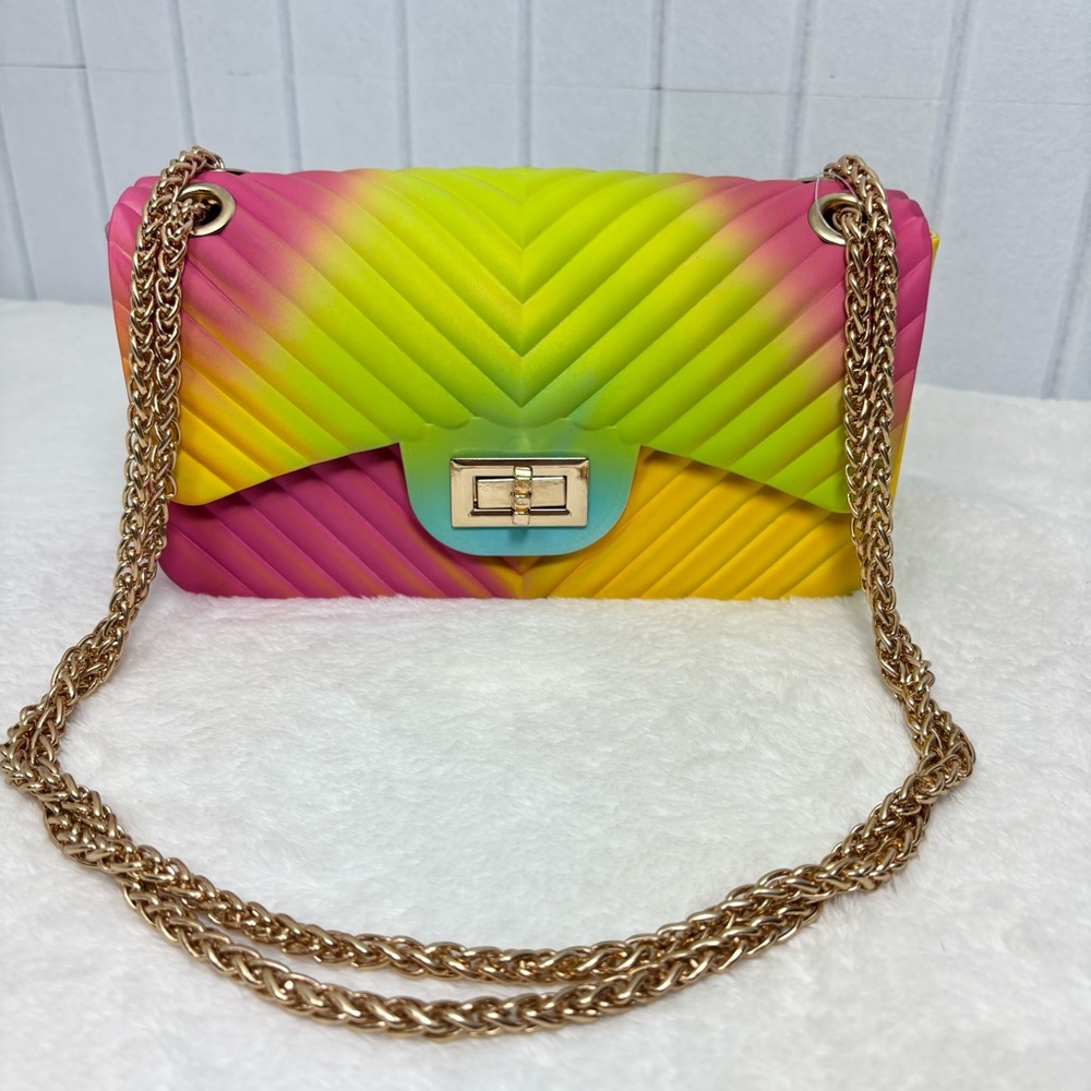 Caleesa  2-chain‎ Multicolor jelly purse Bag with gold chain NEW